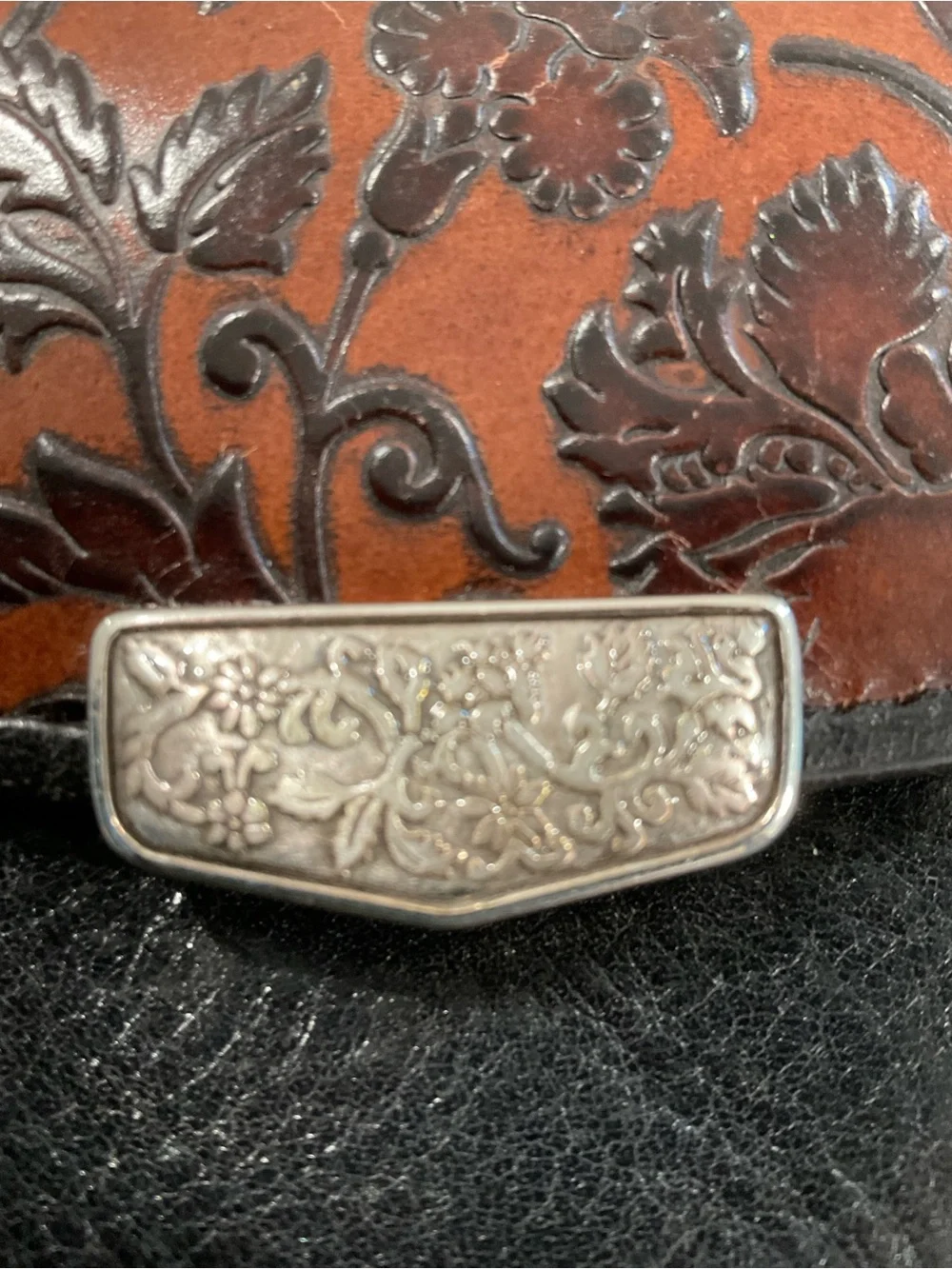 Brighton Black and Brown Tooled Floral Leather coin purse with belt straps bag
